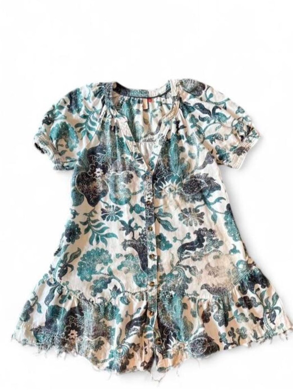 Pilcro Floral-Print Dress in Teal and Cream raw hem